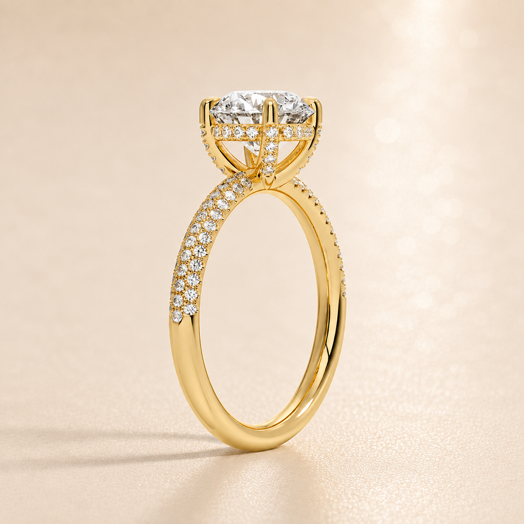 Micro Pave band Solitaire Ring in Yellow Gold