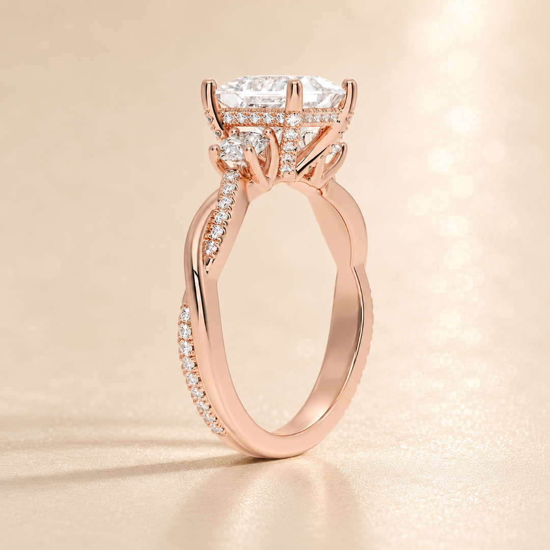 Twisted Vine Band Three Stone Ring in Rose Gold