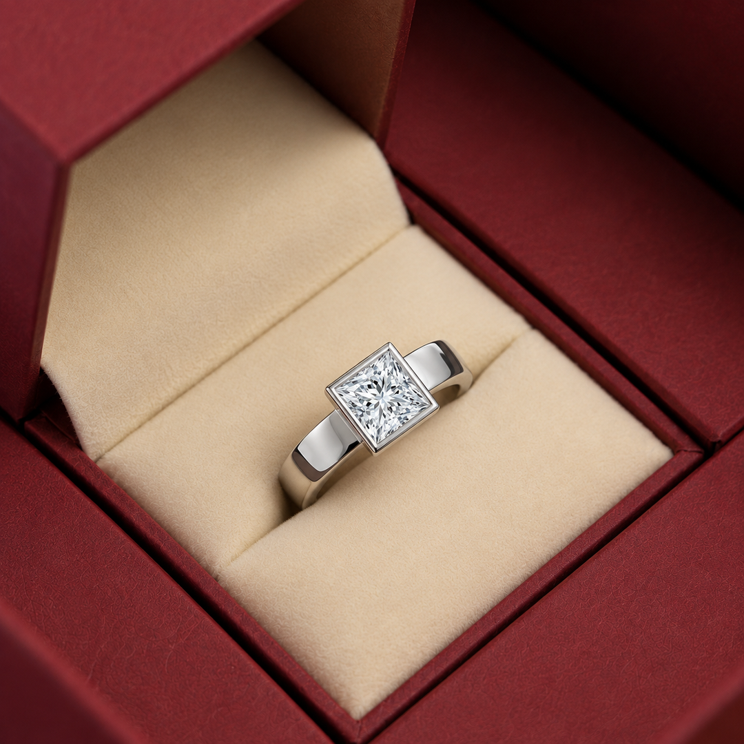 4mm Cigar band Bezel set Solitaire Ring in White Gold