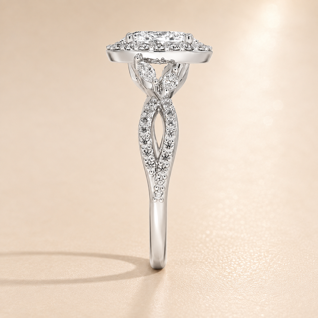 Vine band Halo Diamond Ring in Silver