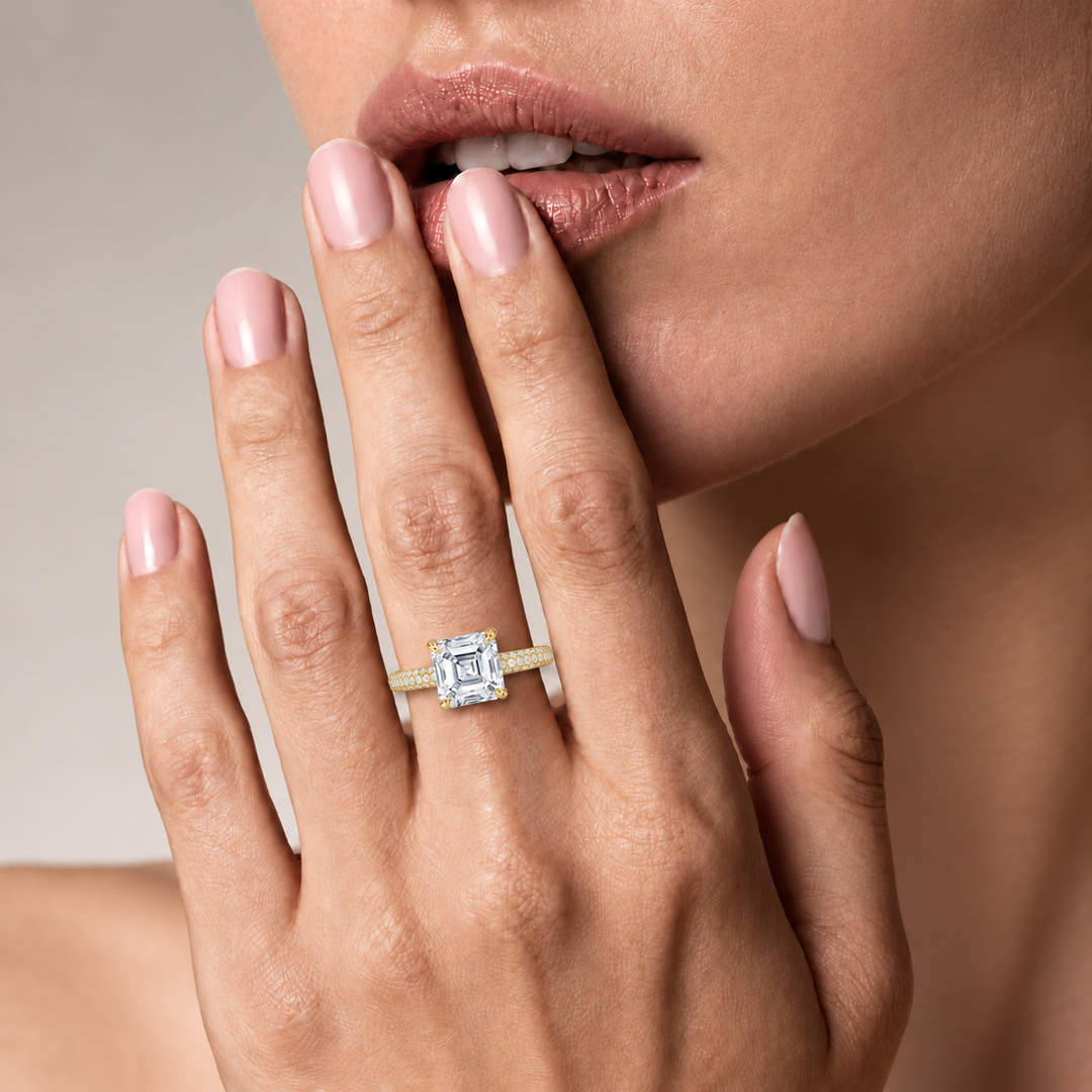 Micro Pave band Solitaire Ring in Yellow Gold