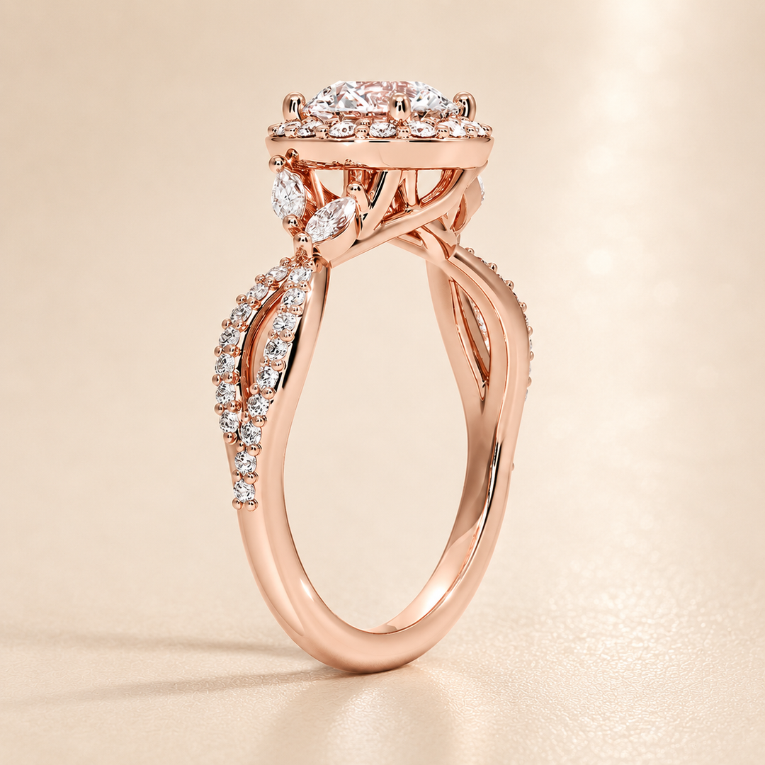Vine band Halo Diamond Ring in Rose Gold