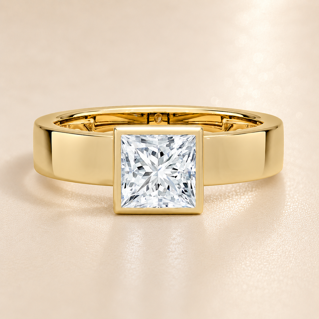 4mm Cigar band Bezel set Solitaire Ring in Yellow Gold