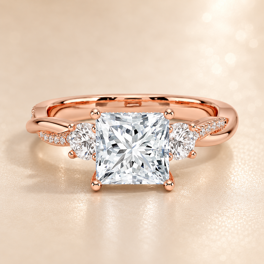 Twisted Vine Band Three Stone Ring in Rose Gold