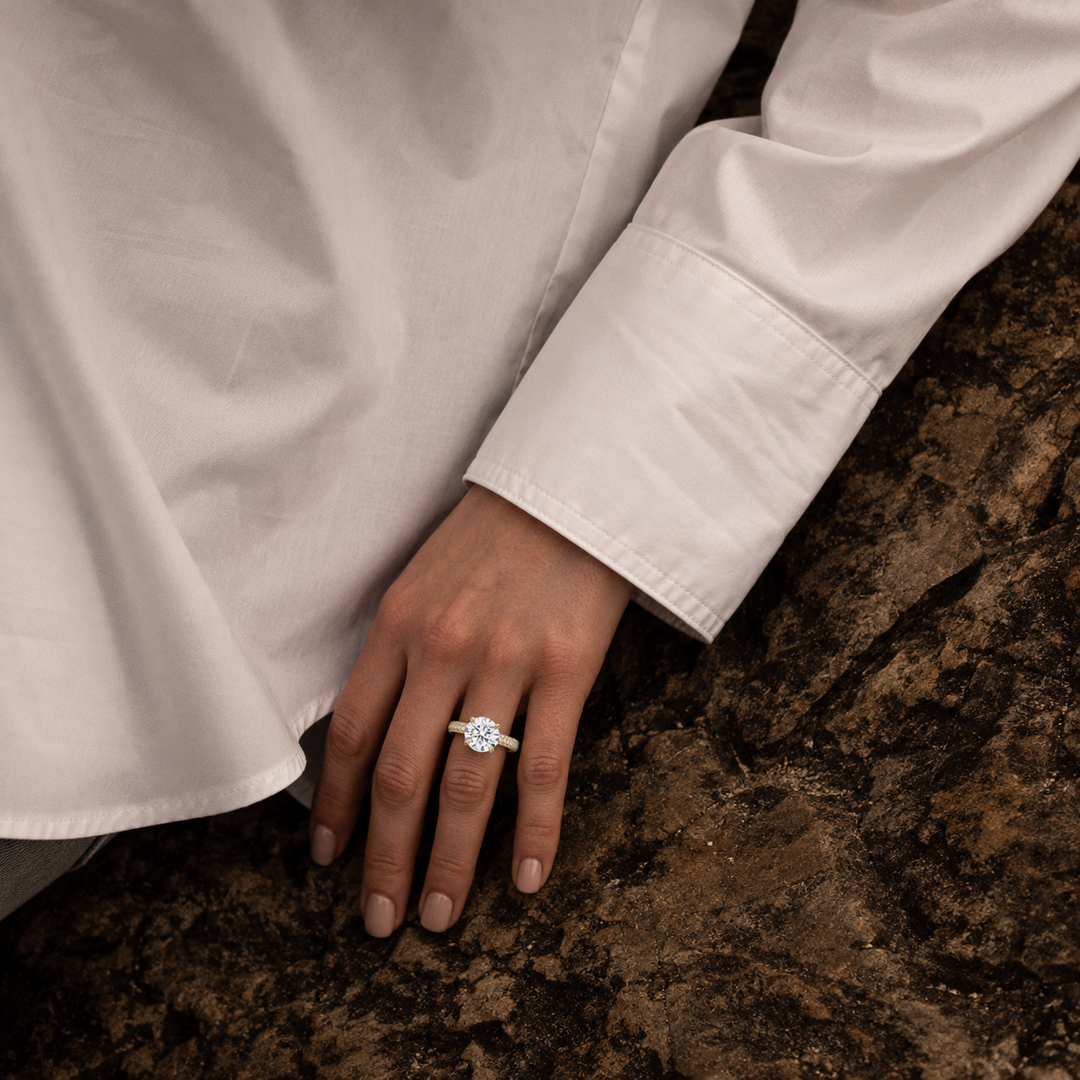 Micro Pave band Solitaire Ring in Yellow Gold