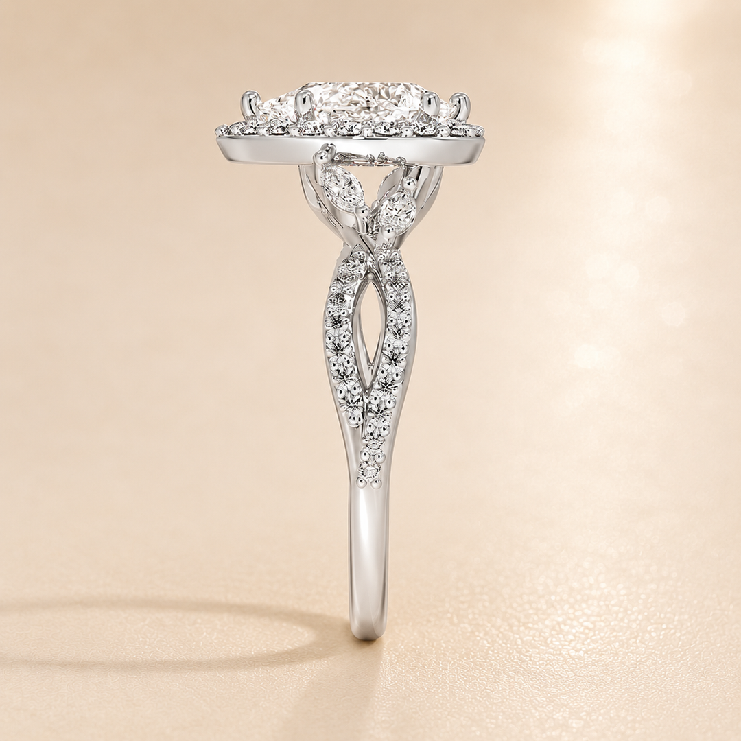 Vine band Halo Diamond Ring in Silver
