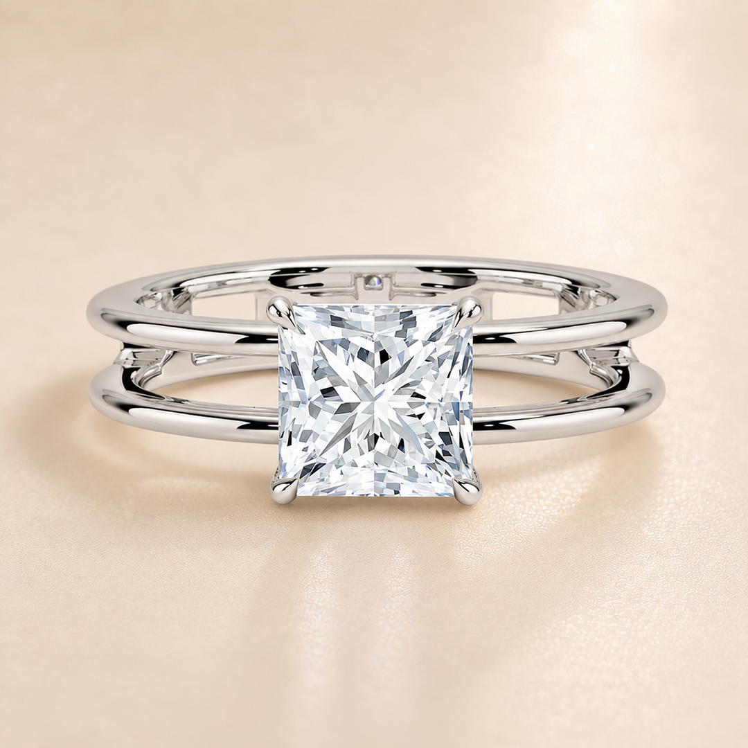 Open Double Band Solitaire Ring in White Gold