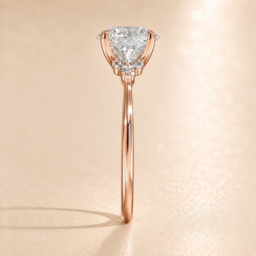 Six round accent diamonds Three Stone Ring in Rose Gold