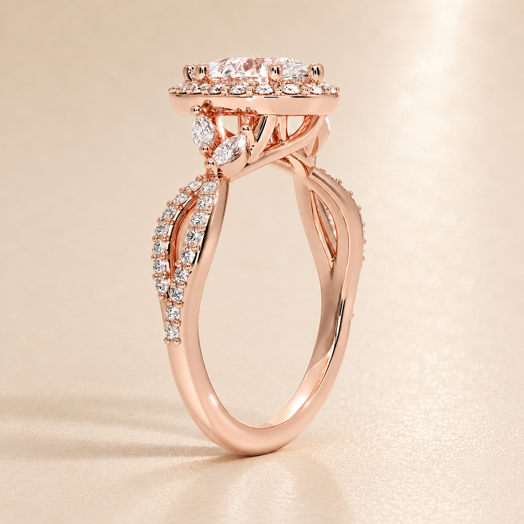 Vine band Halo Diamond Ring in Rose Gold