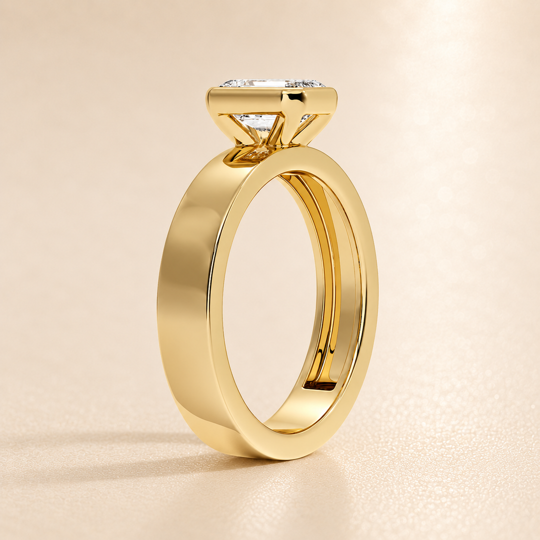 4mm Cigar band Bezel set Solitaire Ring in Yellow Gold
