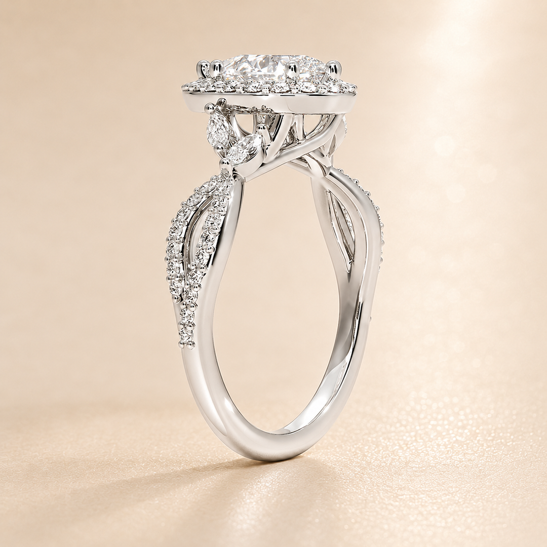 Vine band Halo Diamond Ring in Silver