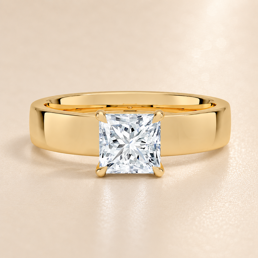 4mm Cigar band Prong set Solitaire Ring in Yellow Gold