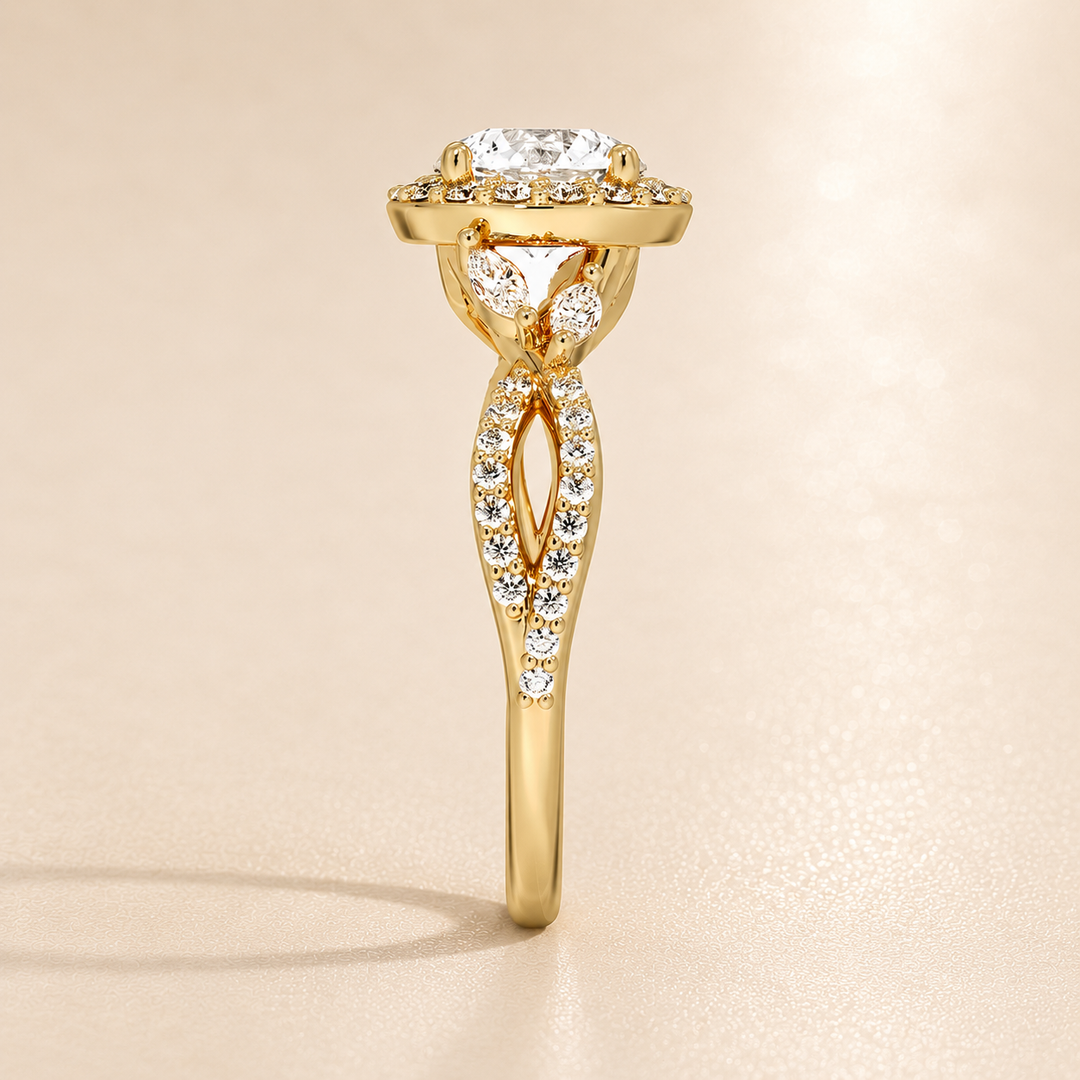 Vine band Halo Diamond Ring in Yellow Gold