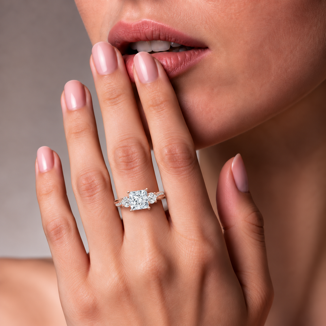 Twisted Vine Band Three Stone Ring in Rose Gold