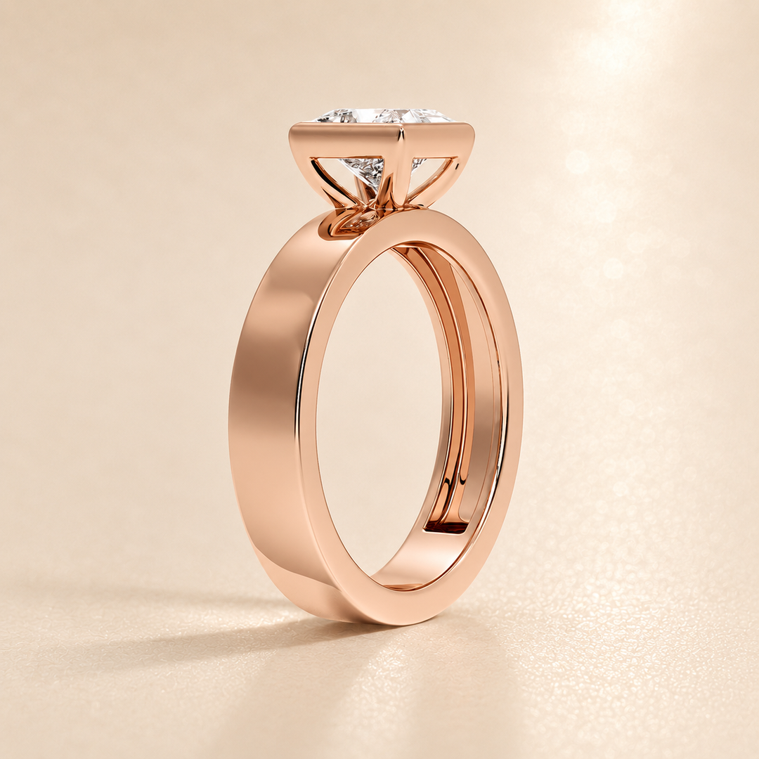 4mm Cigar band Bezel set Solitaire Ring in Rose Gold