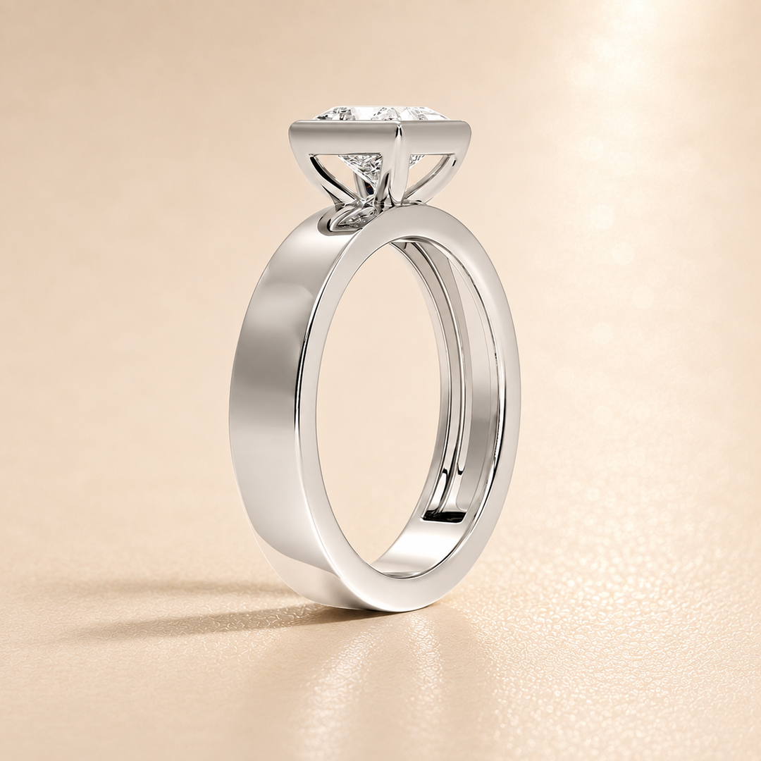 4mm Cigar band Bezel set Solitaire Ring in White Gold