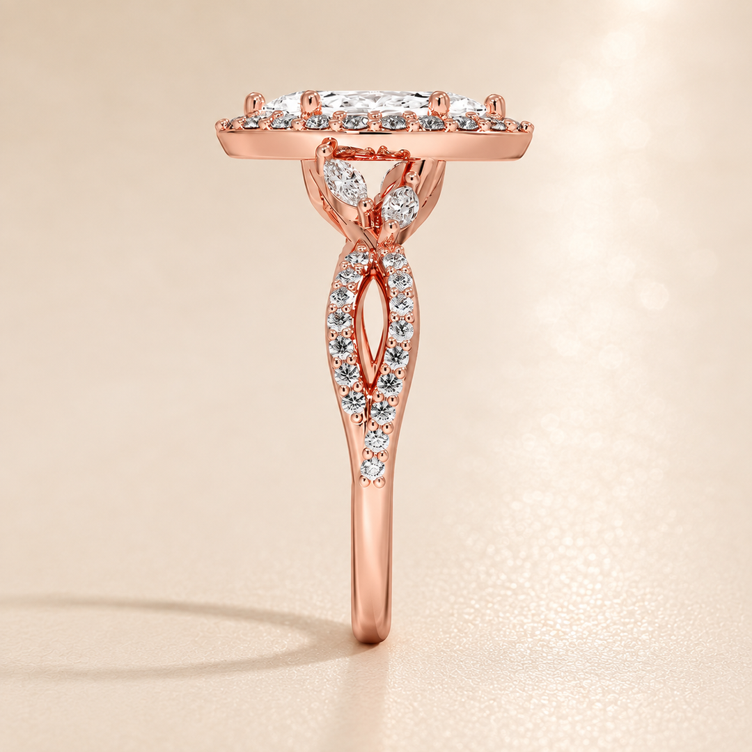 Vine band Halo Diamond Ring in Rose Gold