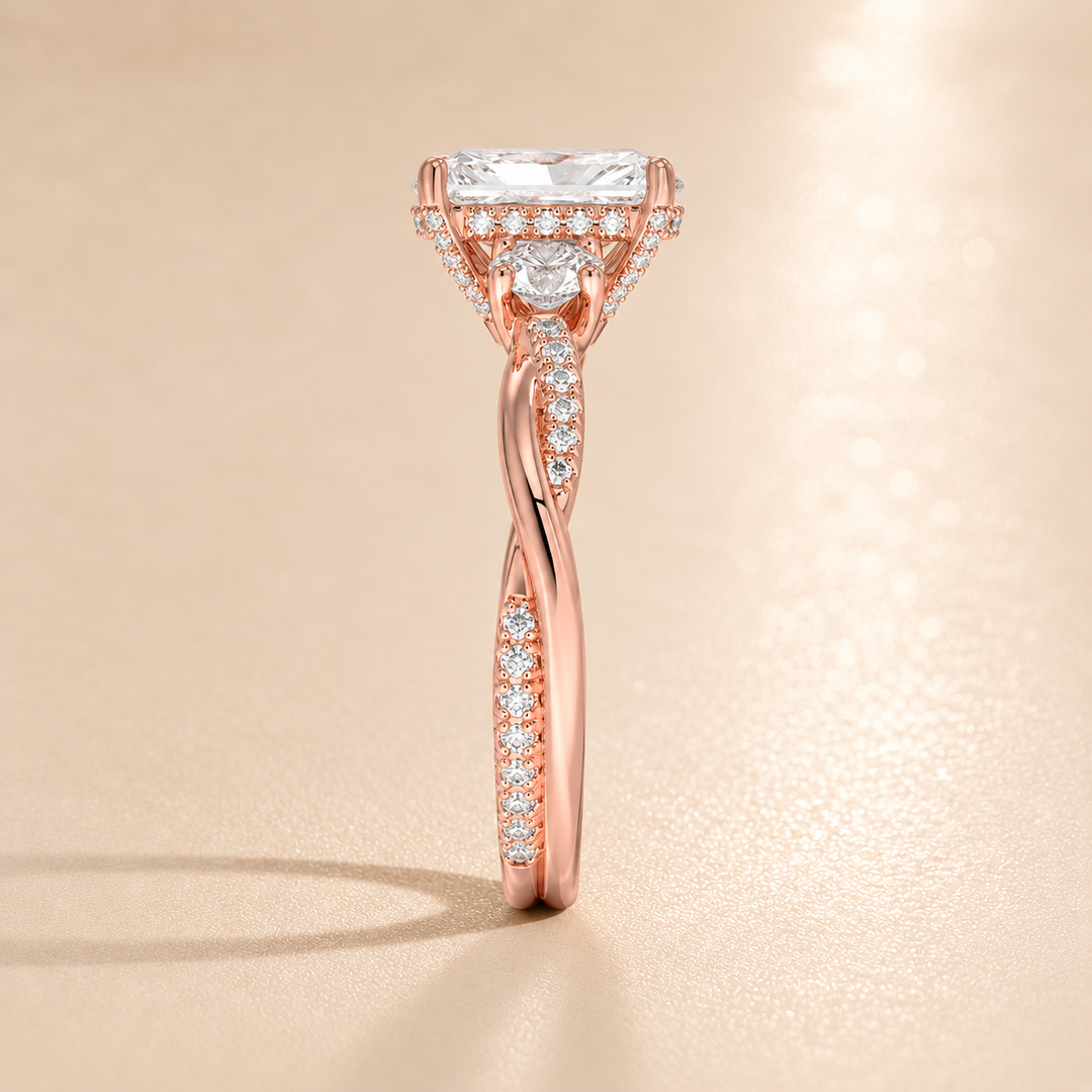 Twisted Vine Band Three Stone Ring in Rose Gold