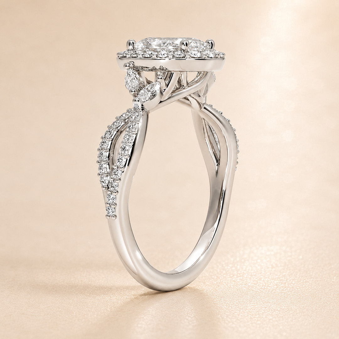 Vine band Halo Diamond Ring in Silver
