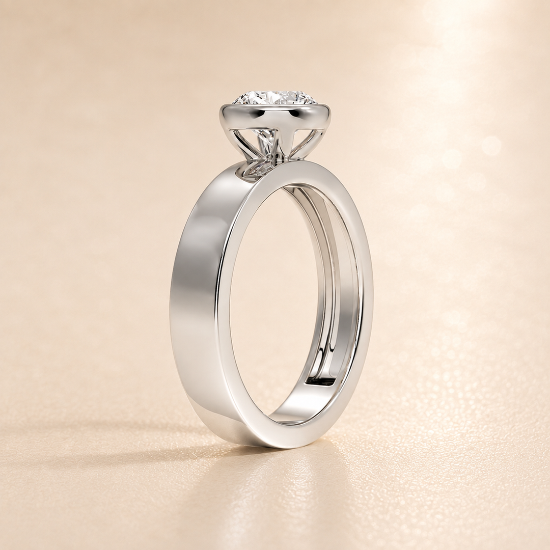 4mm Cigar band Bezel set Solitaire Ring in Silver