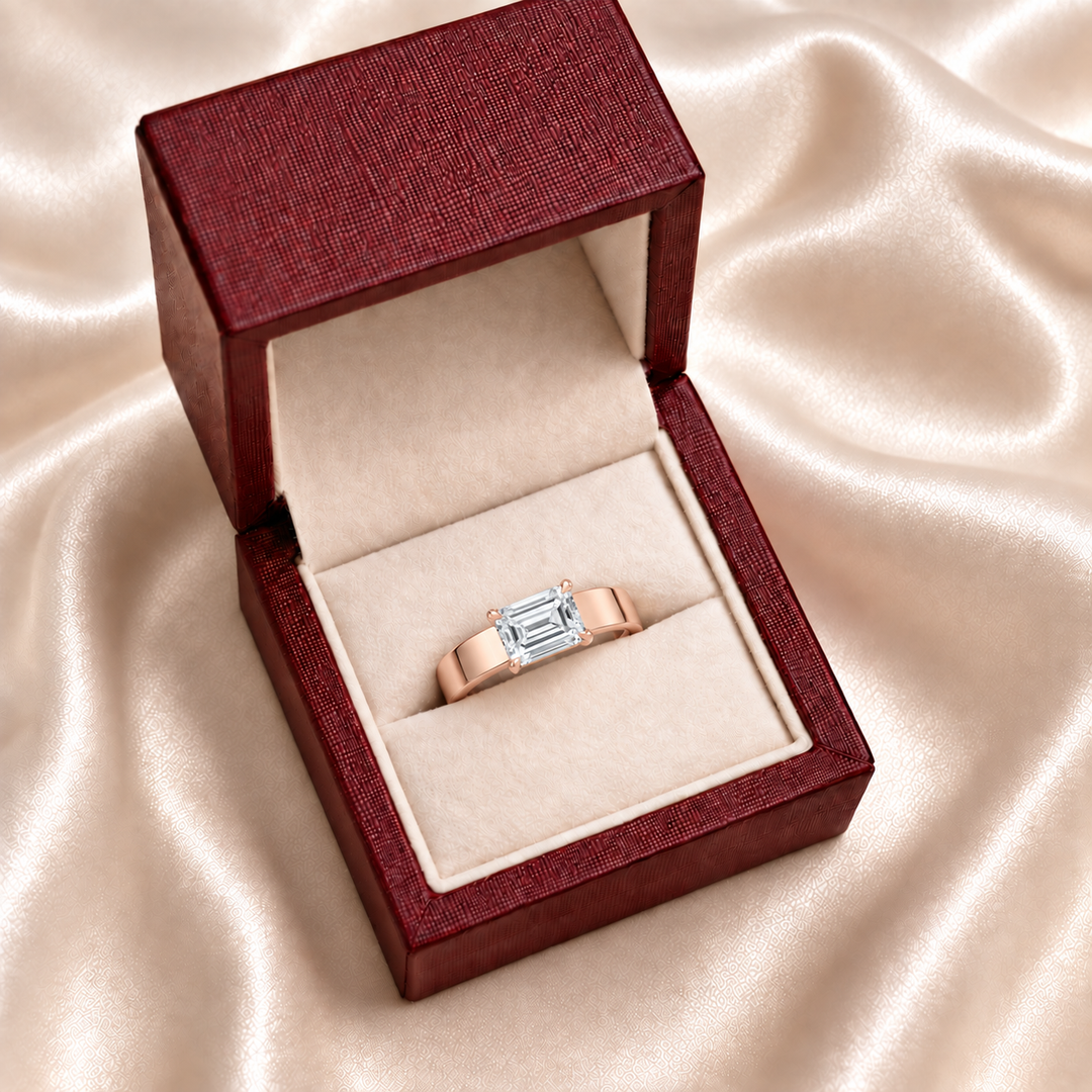 4mm Cigar band East-west Solitaire Ring in Rose Gold