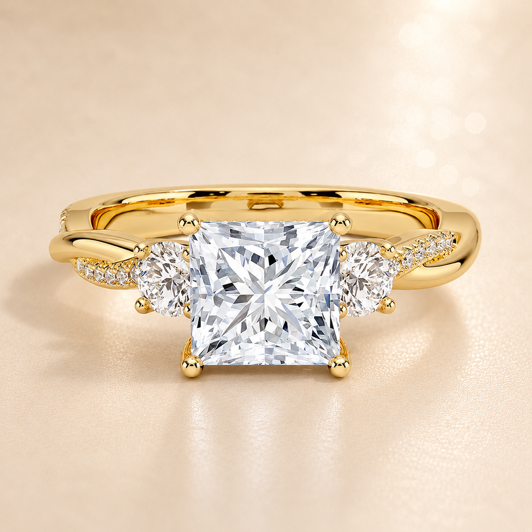 Twisted Vine Band Three Stone Ring in Yellow Gold