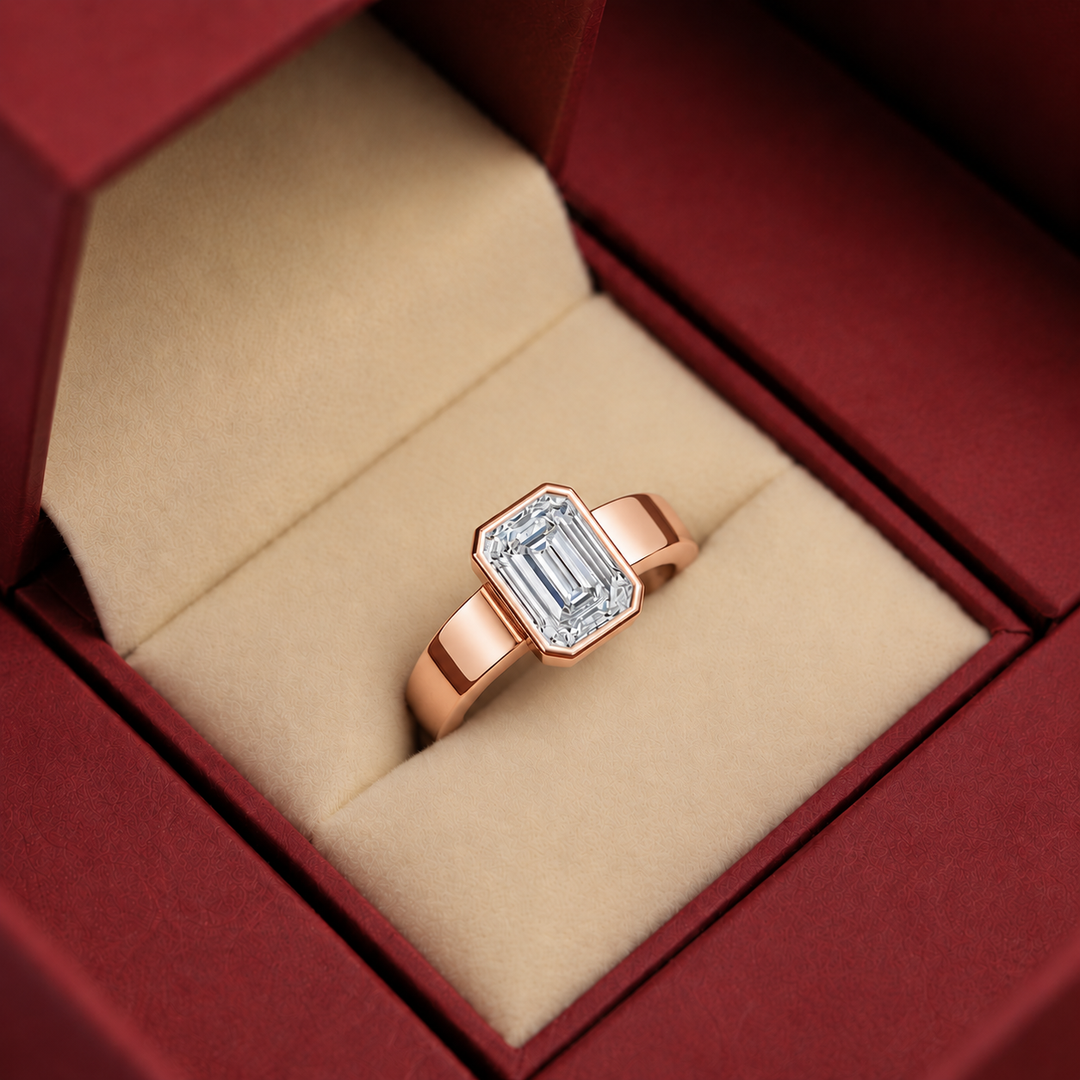 4mm Cigar band Bezel set Solitaire Ring in Rose Gold