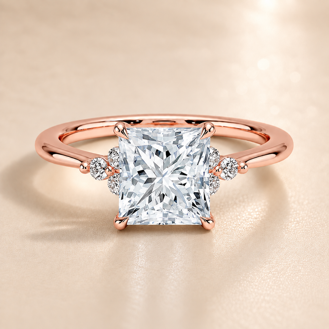 Six round accent diamonds Three Stone Ring in Rose Gold