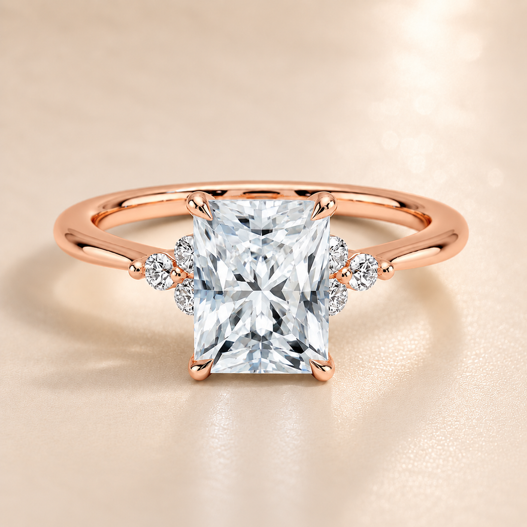 Six round accent diamonds Three Stone Ring in Rose Gold