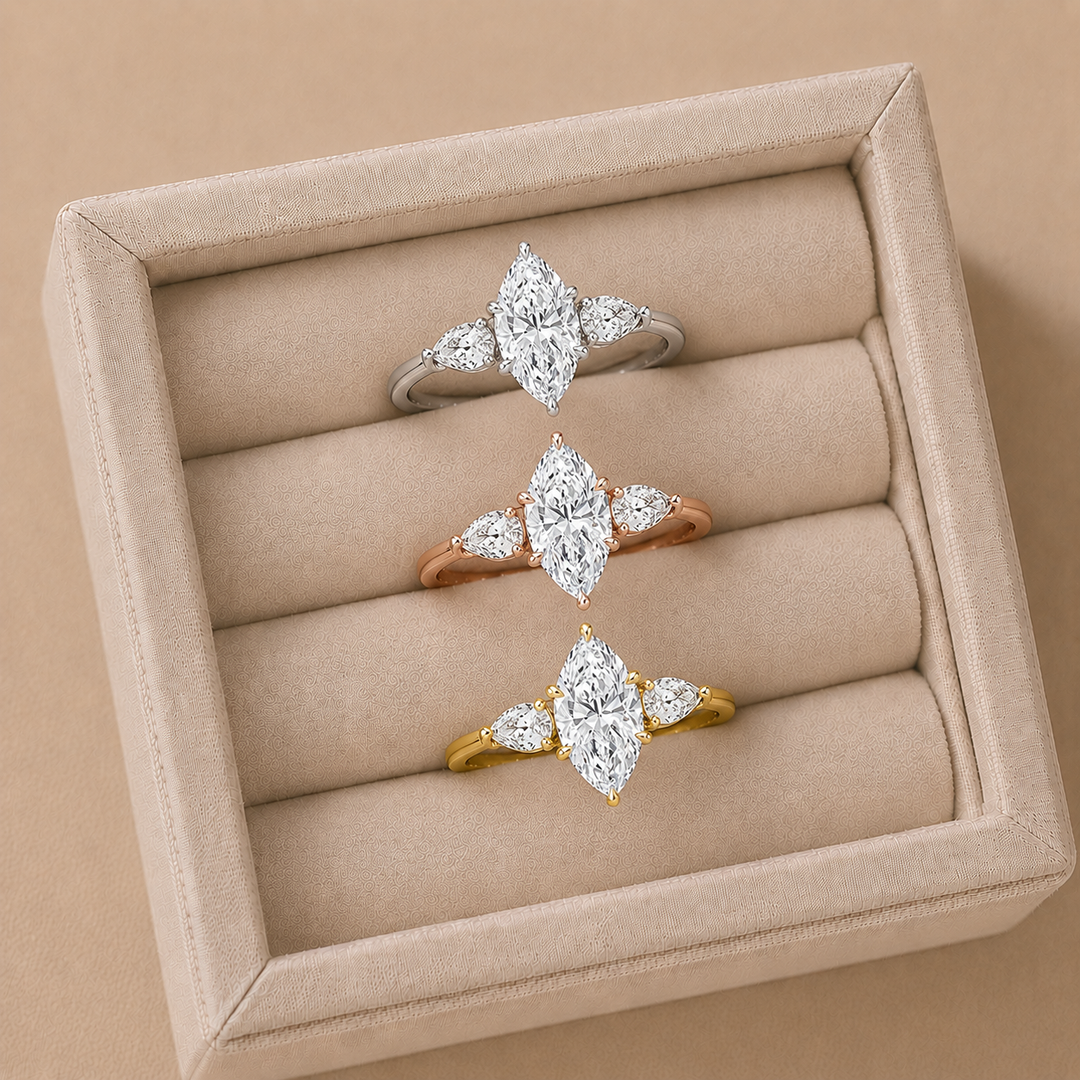 Pear Triology Marquise Engagement Ring in Yellow Gold