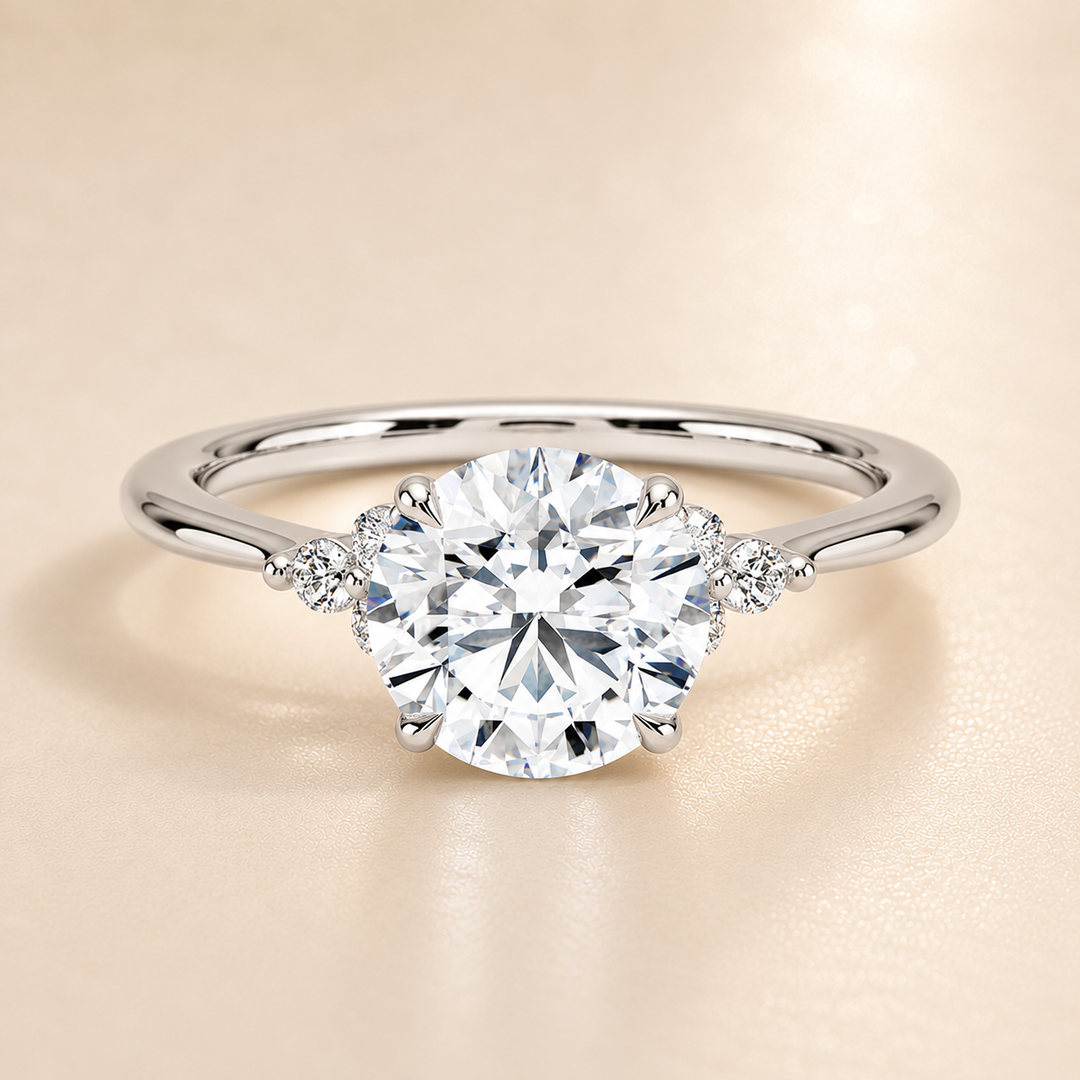 Six round accent diamonds Three Stone Ring in Silver