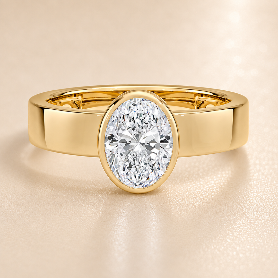 4mm Cigar band Bezel set Solitaire Ring in Yellow Gold