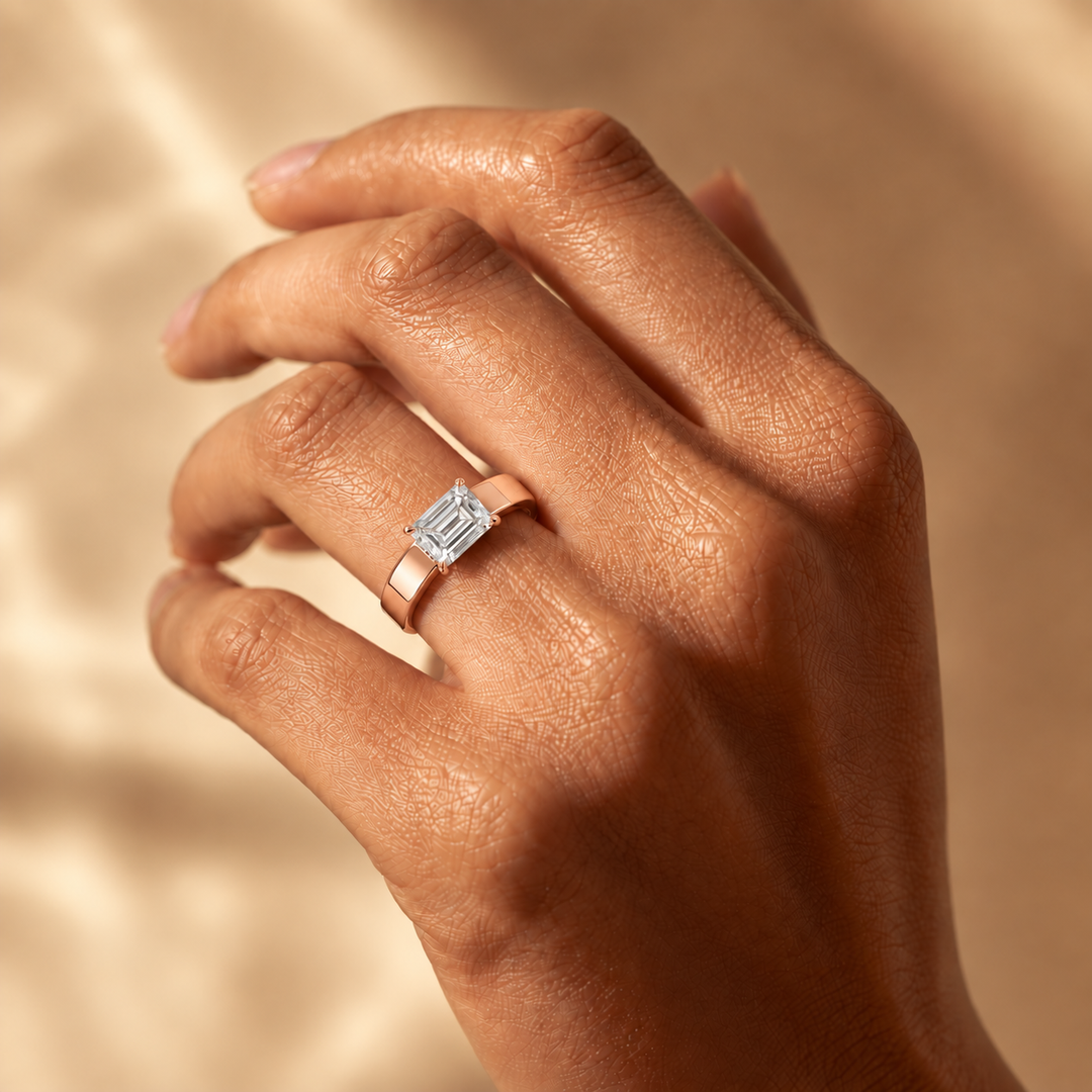 4mm Cigar band East-west Solitaire Ring in Rose Gold