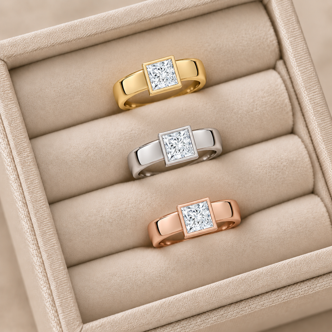 4mm Cigar band Bezel set Solitaire Ring in Yellow Gold