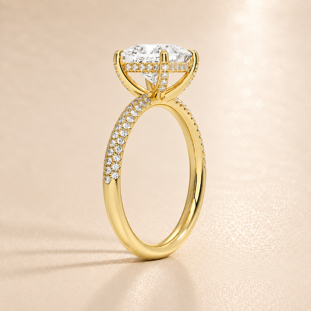 Micro Pave band Solitaire Ring in Yellow Gold