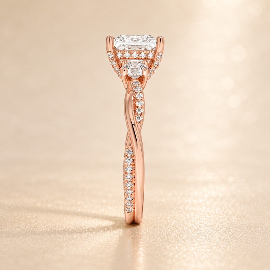 Twisted Vine Band Three Stone Ring in Rose Gold