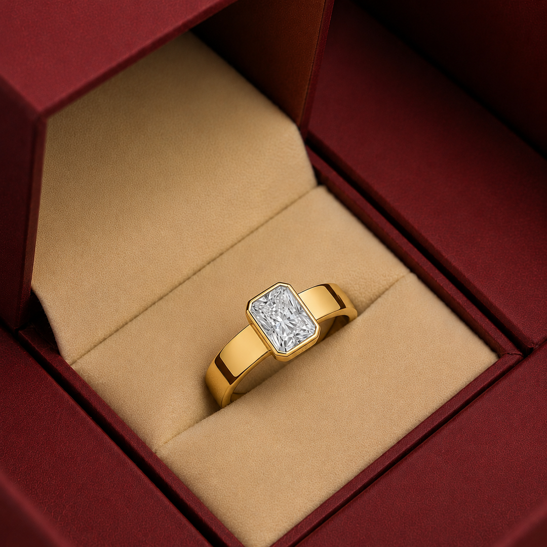 4mm Cigar band Bezel set Solitaire Ring in Yellow Gold