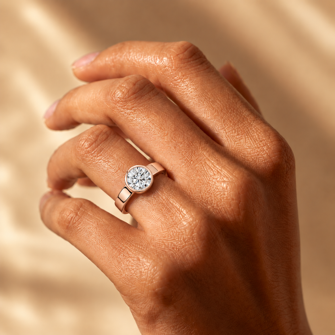 4mm Cigar band Bezel set Solitaire Ring in Rose Gold