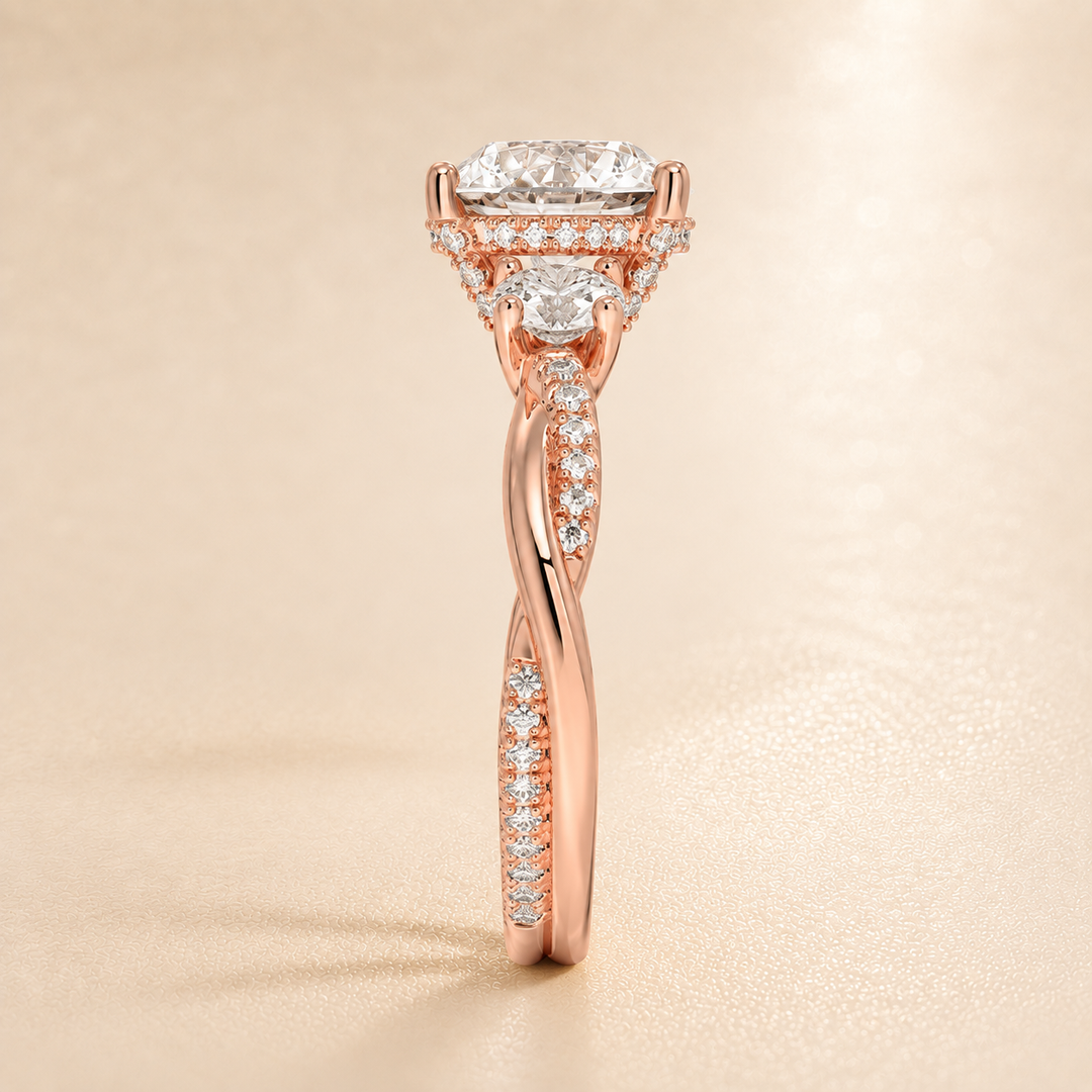 Twisted Vine Band Three Stone Ring in Rose Gold