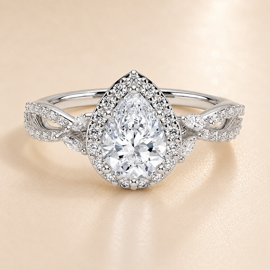 Vine band Halo Diamond Ring in Silver