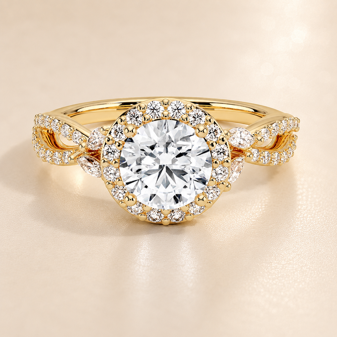 Vine band Halo Diamond Ring in Yellow Gold