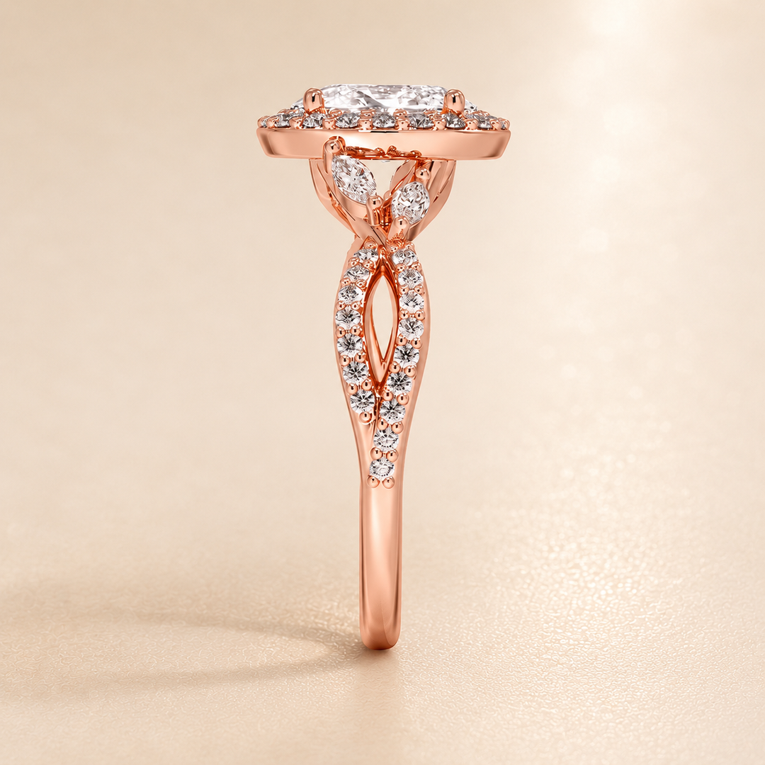Vine band Halo Diamond Ring in Rose Gold
