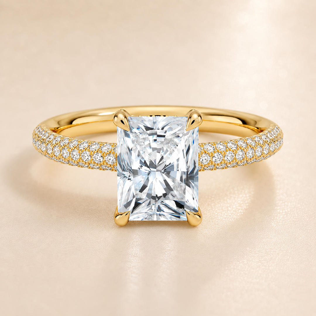 Micro Pave band Solitaire Ring in Yellow Gold