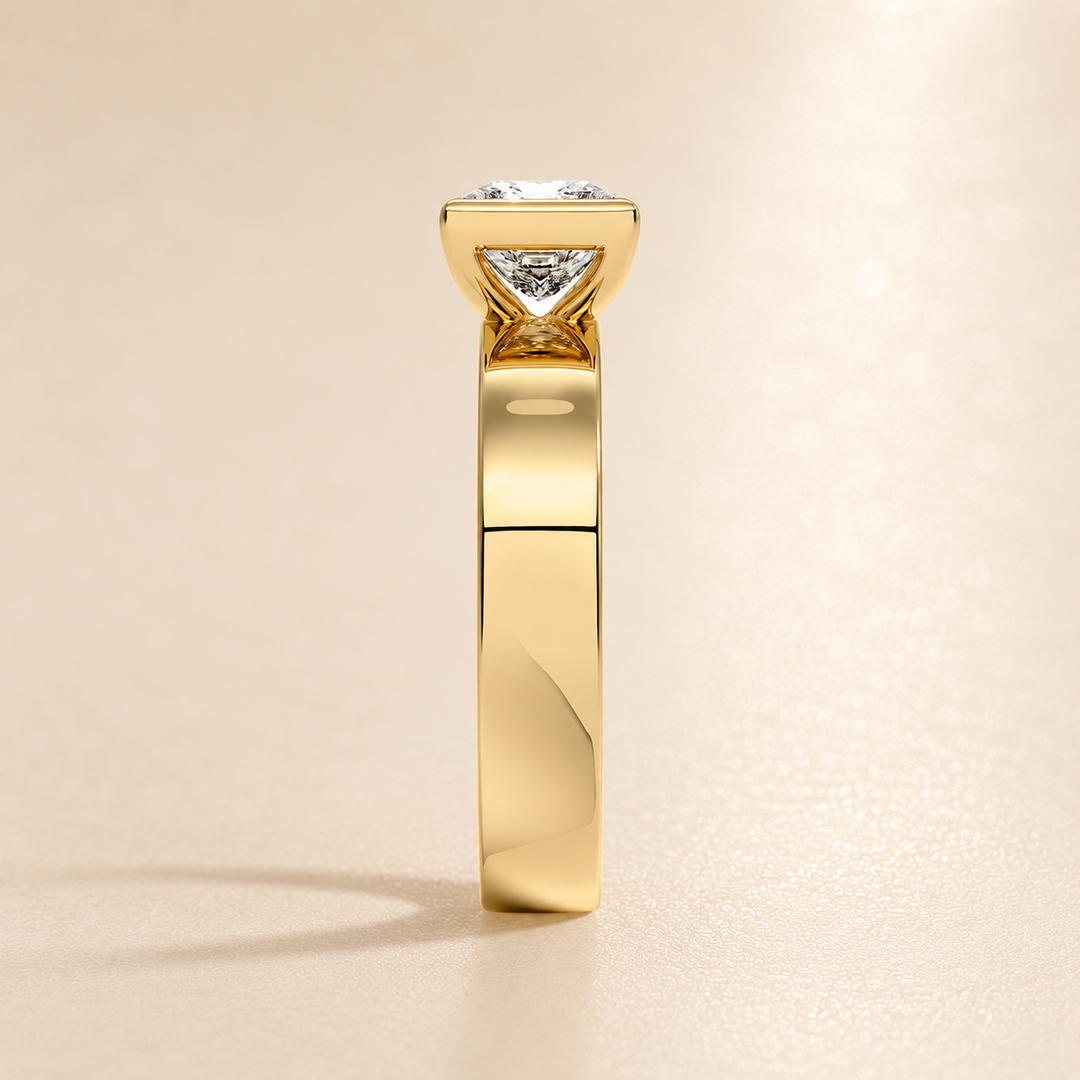 4mm Cigar band Bezel set Solitaire Ring in Yellow Gold