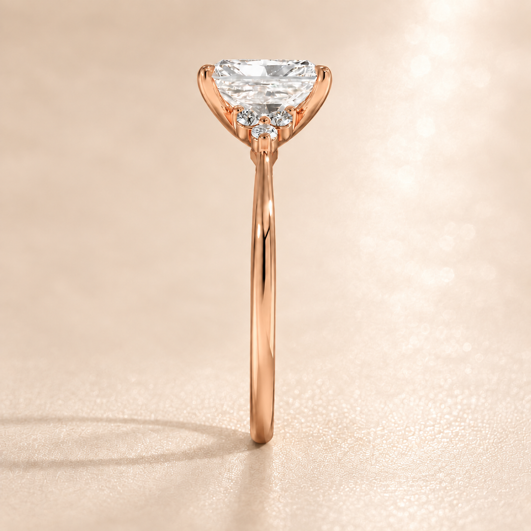 Six round accent diamonds Three Stone Ring in Rose Gold