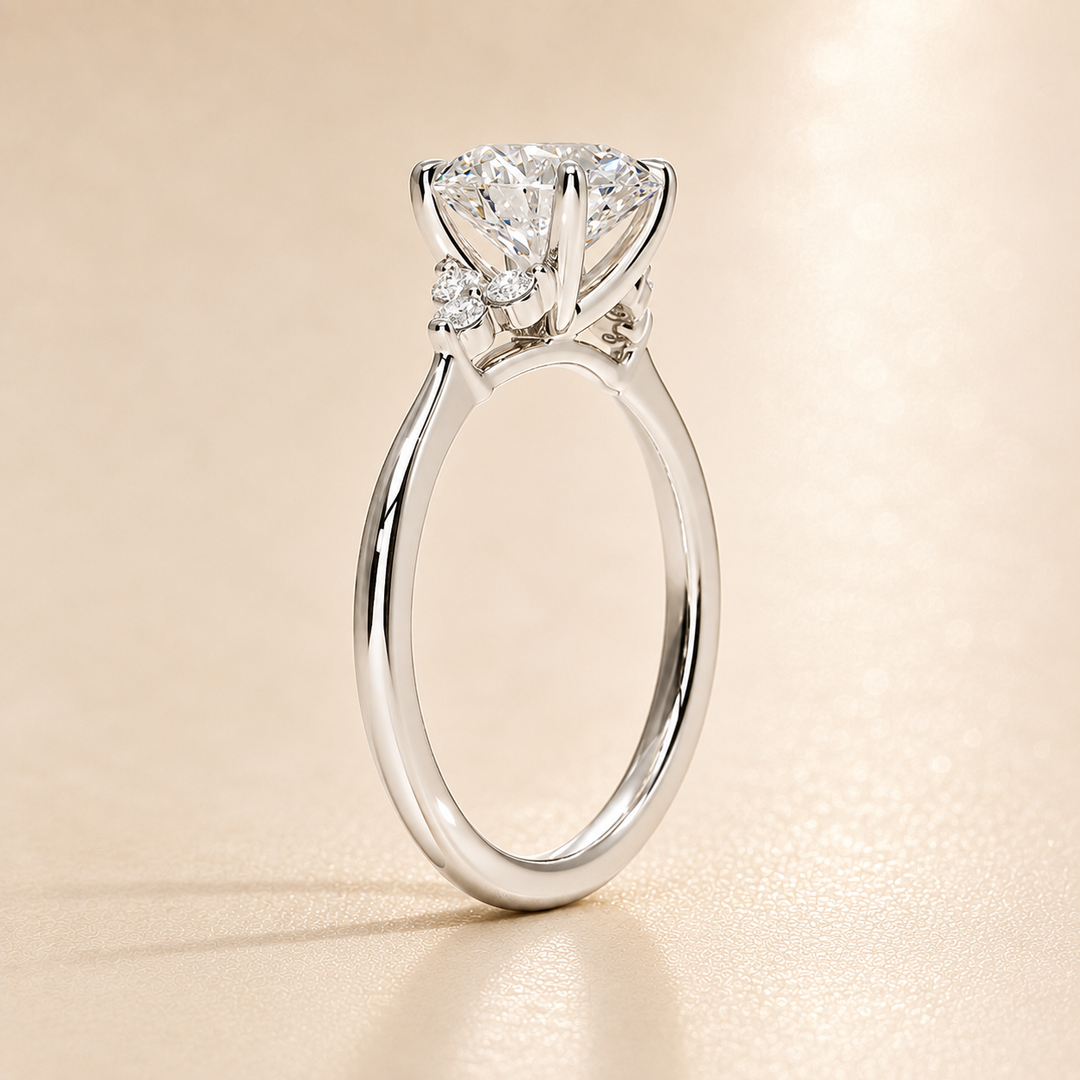 Six round accent diamonds Three Stone Ring in Silver