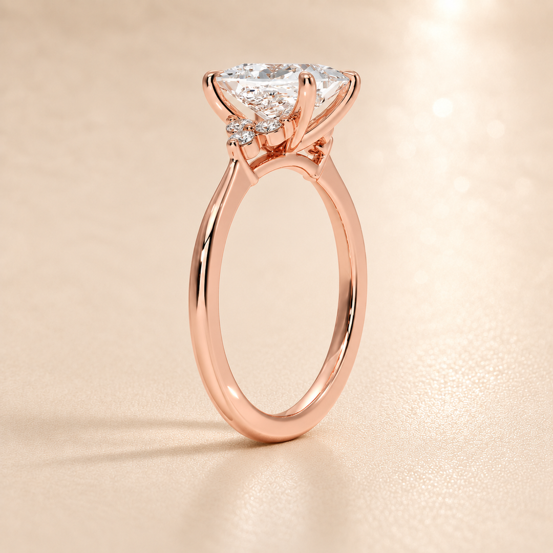 Six round accent diamonds Three Stone Ring in Rose Gold