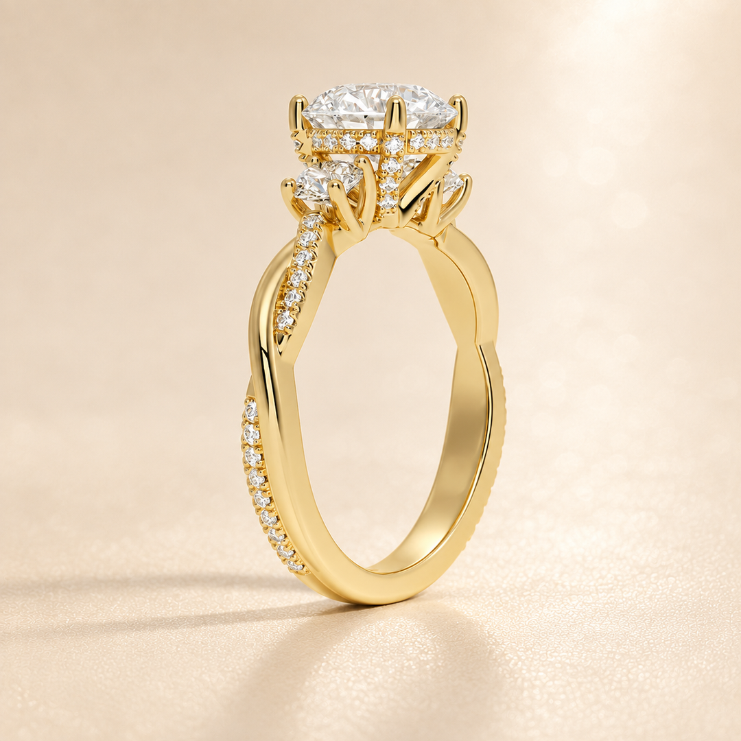 Twisted Vine Band Three Stone Ring in Yellow Gold