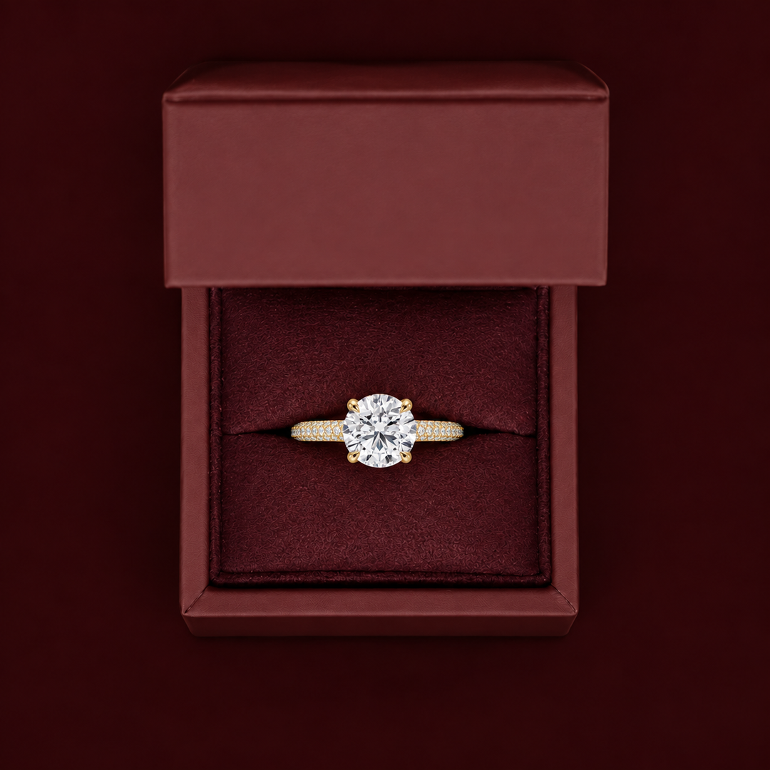 Micro Pave band Solitaire Ring in Yellow Gold