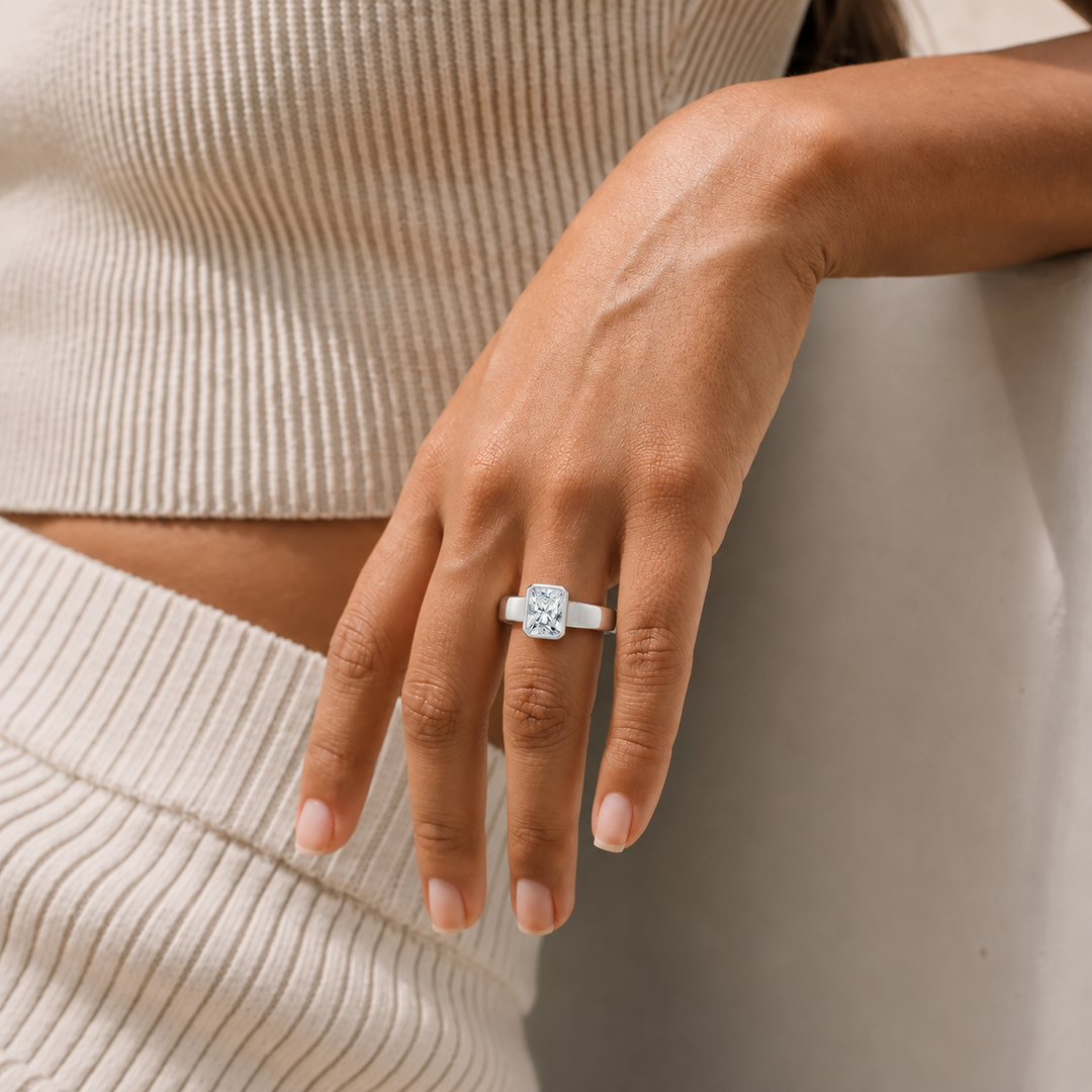 4mm Cigar band Bezel set Solitaire Ring in Silver